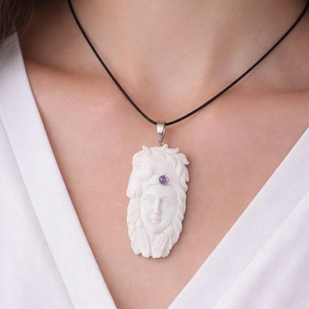 Vintage Carved Pendant Woman Headdress Design Purple Stone Cord